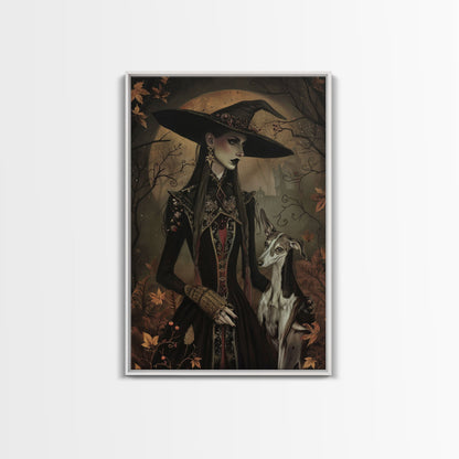 Gothic Witch with Elegant Dog, Framed Canvas Print, Dark Witch Art, Victorian Witch, Halloween Witch Decor, Gothic Home Decor