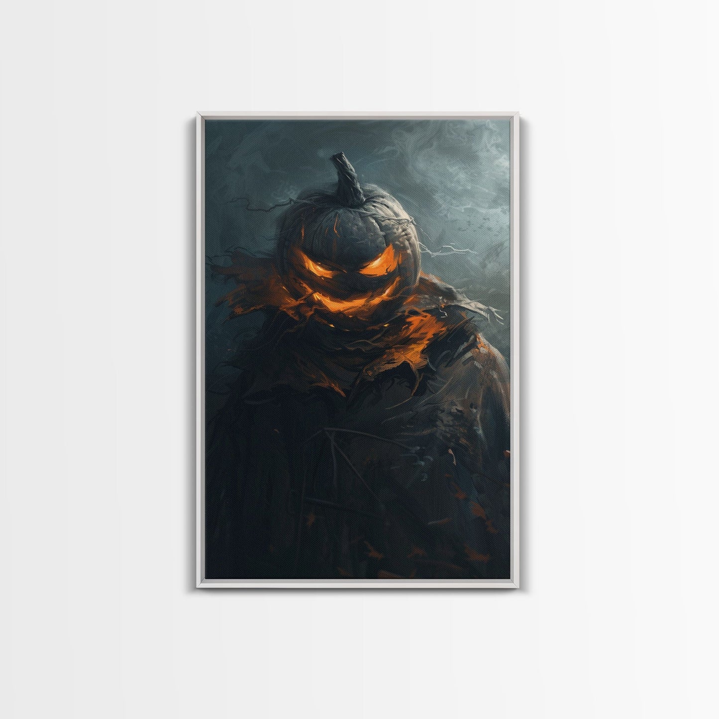 Menacing Pumpkin Head Monster Emerging from Fog - Creepy Halloween Horror Artwork Framed Canvas Print, Spooky Gothic Home Wall Decor