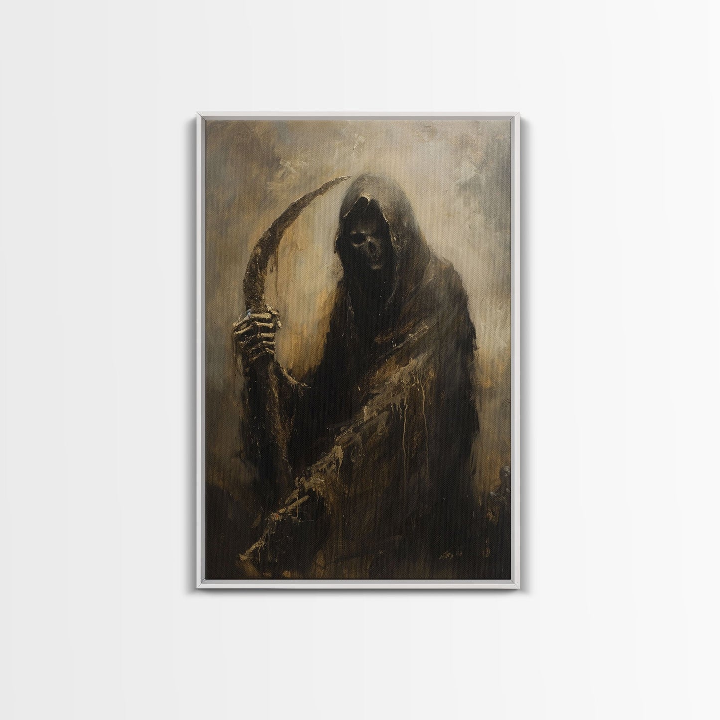 Haunting Grim Reaper with Scythe - Dark Halloween Nightmare Gothic Art Framed Canvas Print, Spooky Wall Decor