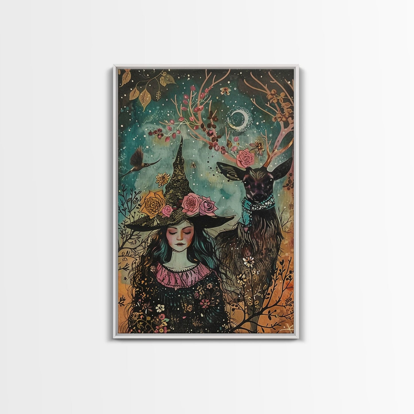 Elegant Witch with Tortoise - Halloween Art, Gothic Art, Spooky Decor, Dark Nature Art, Haunting Portrait, Framed Canvas Print