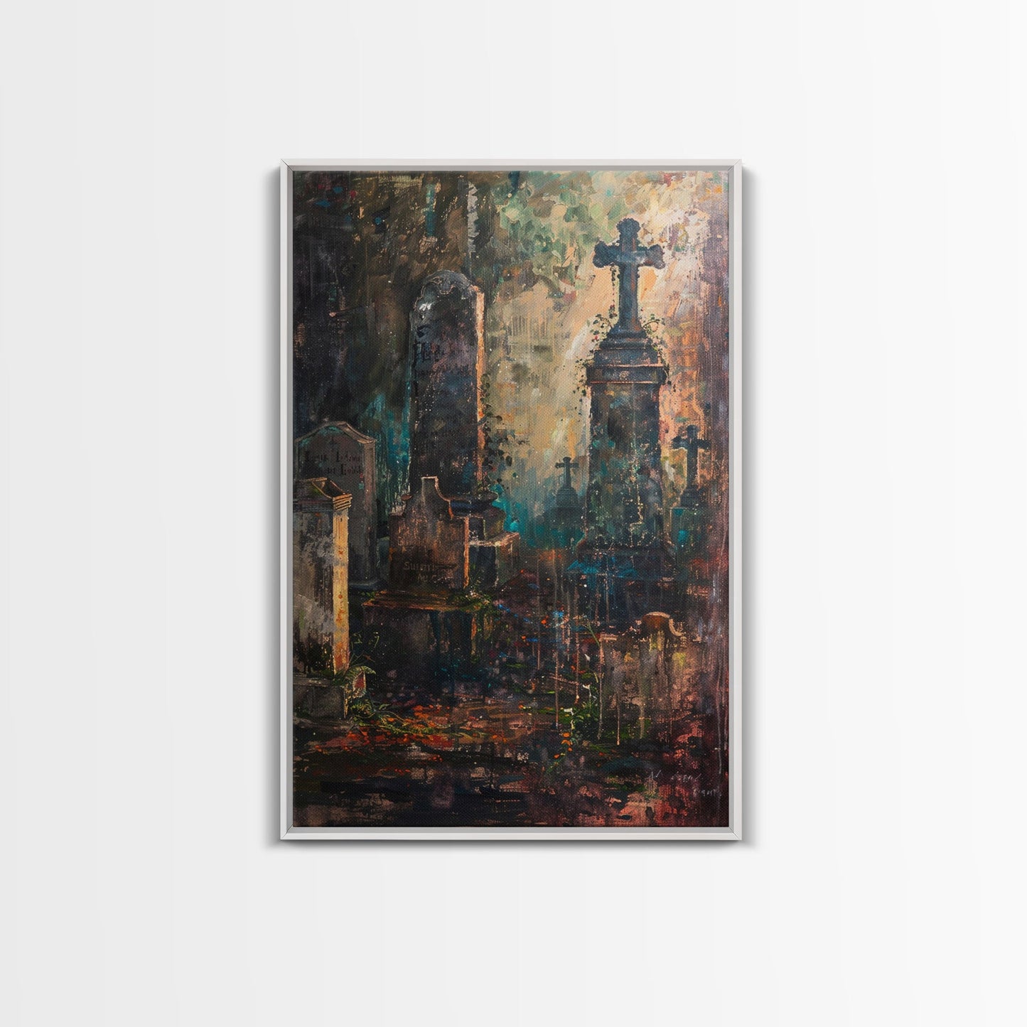 Düstere Friedhofskunst für Halloween, Gruselfriedhof, Spukfriedhof, unheimliche Grabsteine, dunkle Kunstwerke, gerahmter Leinwanddruck
