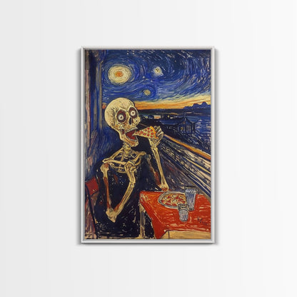 Spooky Skeleton Dude Eatin' a Pizza, Starry Night Inspired Funny Halloween Art, Framed Canvas Print