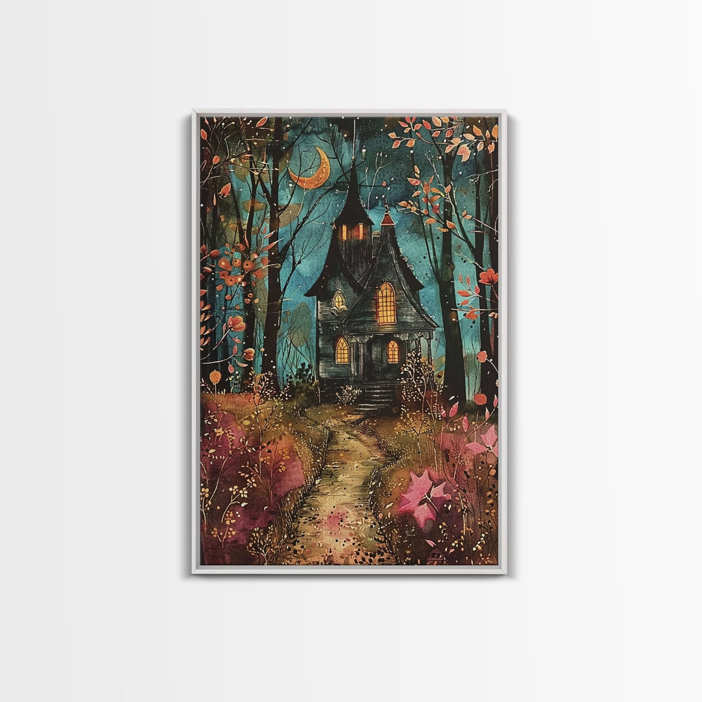 Enchanted Forest Pathway Framed Canvas Print, Haunted Woods Art, Halloween Night, Spooky Path Decor, Mysterious Artwork, Framed Canvas Print
