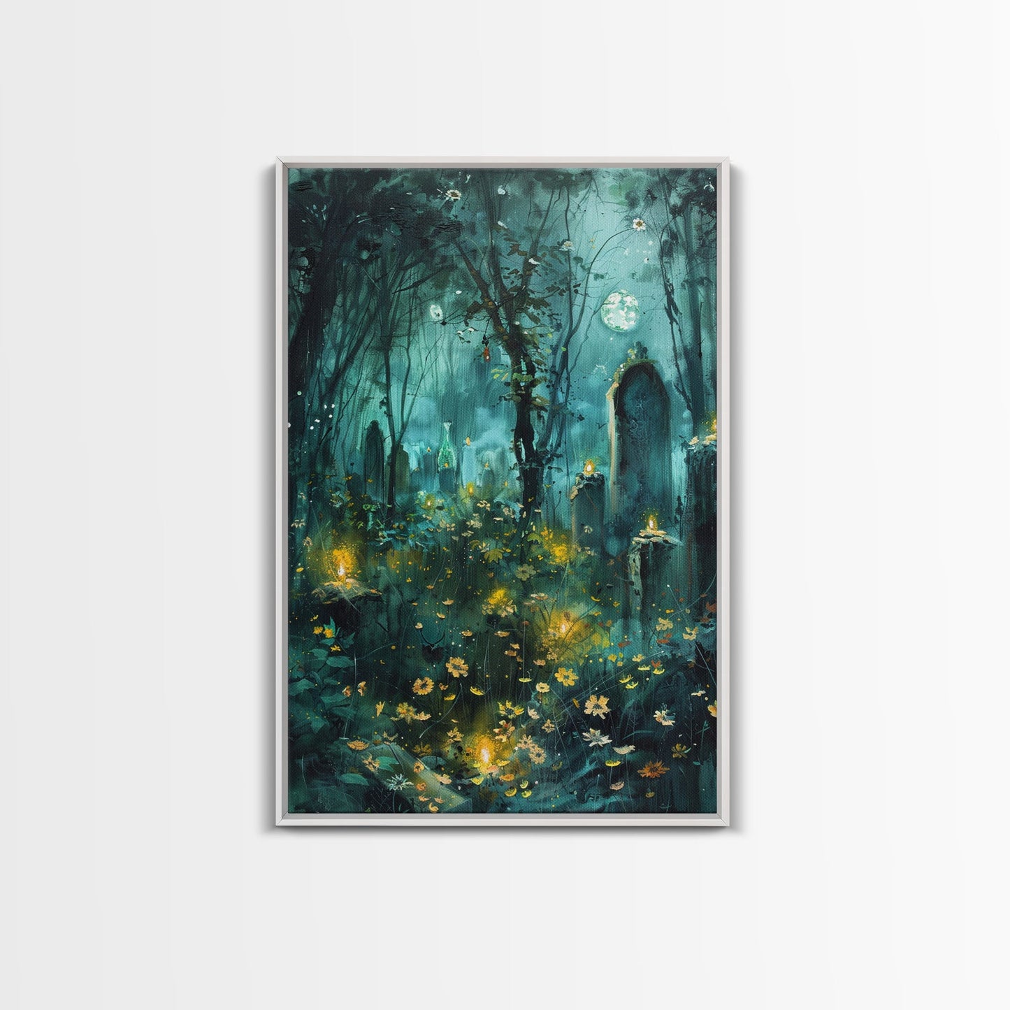 Haunted Forest Cemetery Framed Canvas Print, Wall Art, Spooky Graveyard Art, Eerie Home Decor Halloween Forest Painting Halloween Decoration