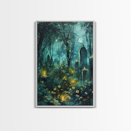 Haunted Forest Cemetery Framed Canvas Print, Wall Art, Spooky Graveyard Art, Eerie Home Decor Halloween Forest Painting Halloween Decoration