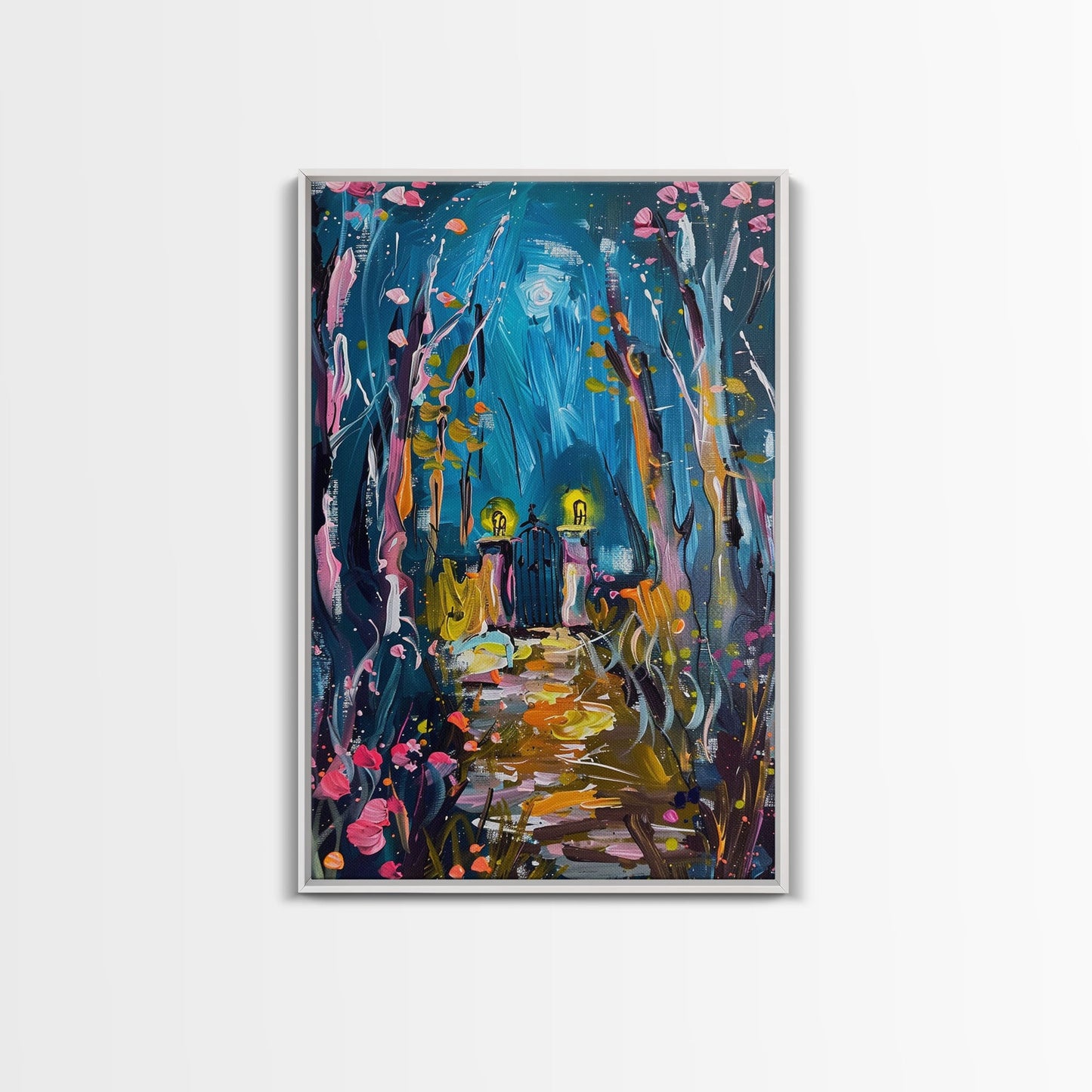 Mystical Cemetery with Glowing Flowers Framed Canvas Print, Wall Art, Halloween Graveyard Art, Enchanted Forest Decor, Spooky Artwork