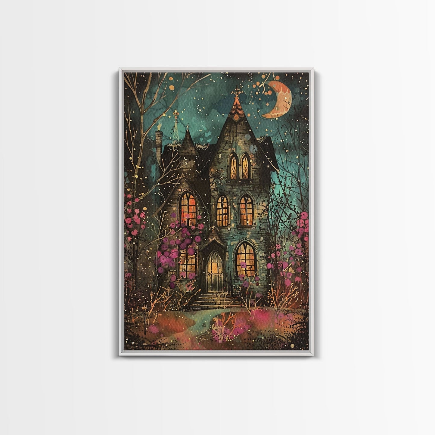 Enchanted Gothic House Framed Canvas Print, Halloween Wall Art, Spooky Art, Home Decor, Living Room Decor, Gothic Artwork, Haunted House