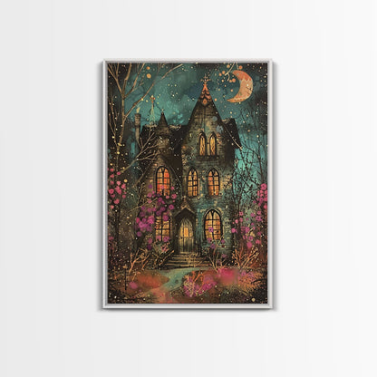 Enchanted Gothic House Framed Canvas Print, Halloween Wall Art, Spooky Art, Home Decor, Living Room Decor, Gothic Artwork, Haunted House