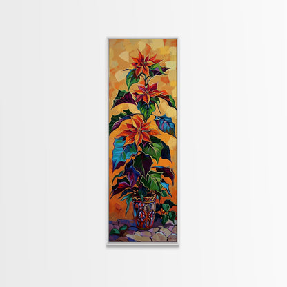 Oversized Spanish Style Poinsettia Canvas Painting Framed and Printed, Botanical Wall Art, Textured Canvas Painting, Vertical Framed Art
