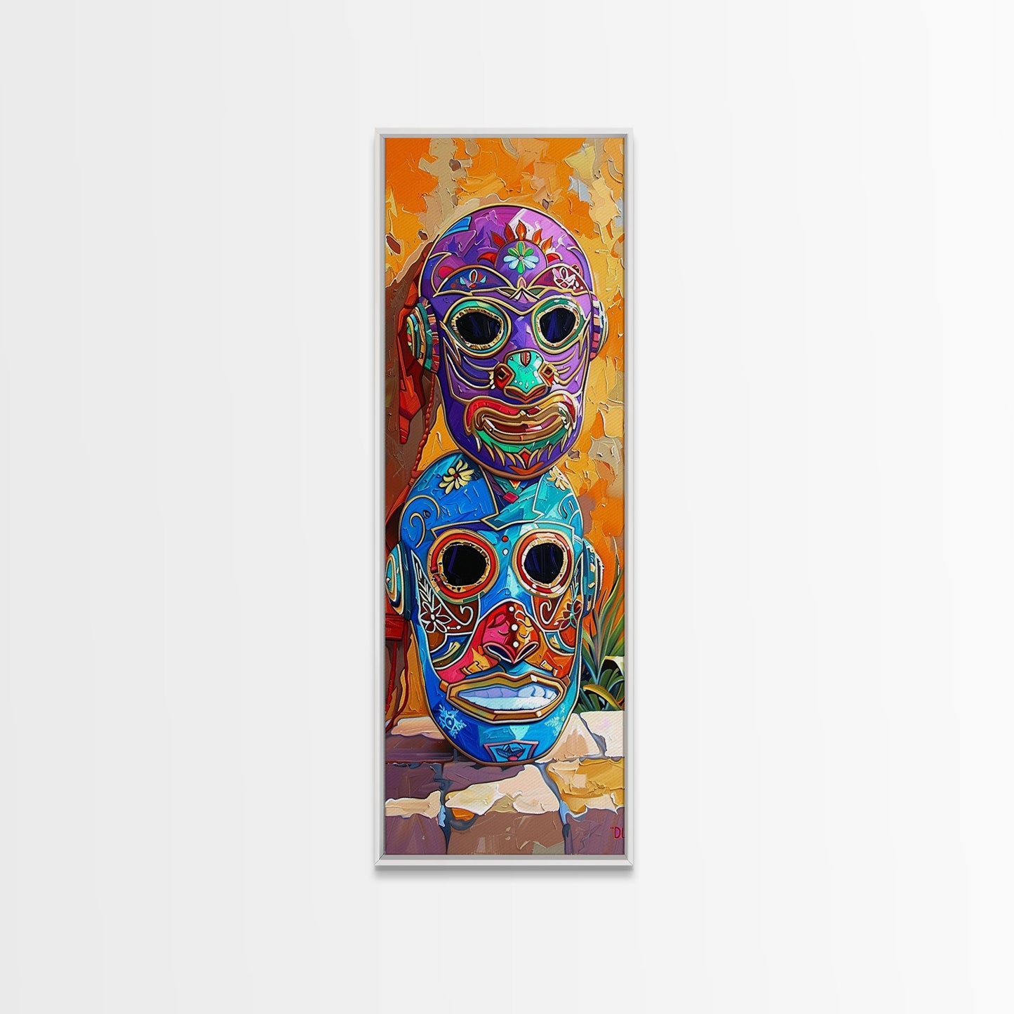 Colorful Tribal Art Painting Framed on Canvas, Spanish Style Canvas Painting, Vertical Framed Art for Living Room, Modern Canvas Art