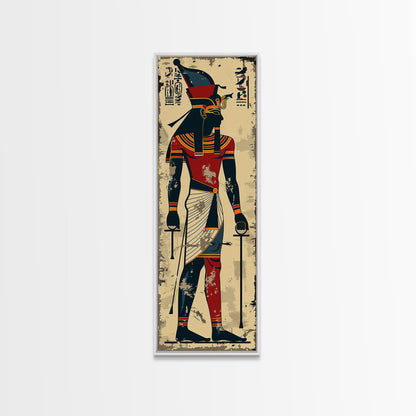 Egyptian Art Depiction of Horus - Framed Canvas Print, Midcentury Modern Wall Art, Skinny Art, Tall Art, Living Room Decor