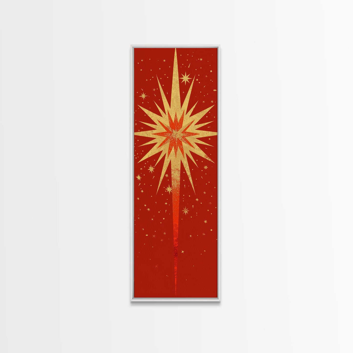 Retro Sunburst Art on Distressed Background - Framed Canvas Print, Midcentury Modern Skinny Art, Tall Wall Art for Living Room or Bedroom Decor