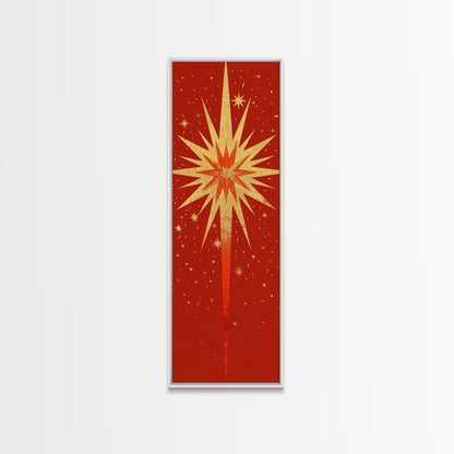 Retro Sunburst Art on Distressed Background - Framed Canvas Print, Midcentury Modern Skinny Art, Tall Wall Art for Living Room or Bedroom Decor