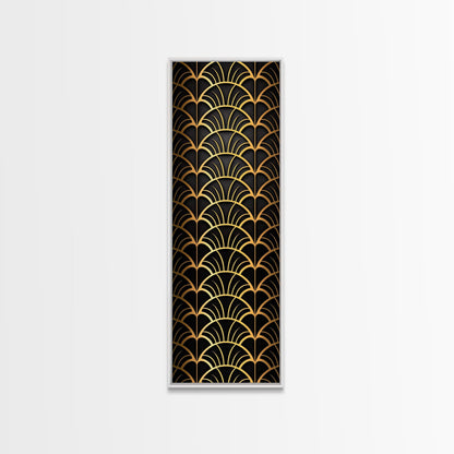 Abstract Gold Geometric Pattern on Black Background - Framed Canvas Print, Art Deco Style, Skinny Art, Tall Art, Midcentury Modern Art, Living Room Wall Decor