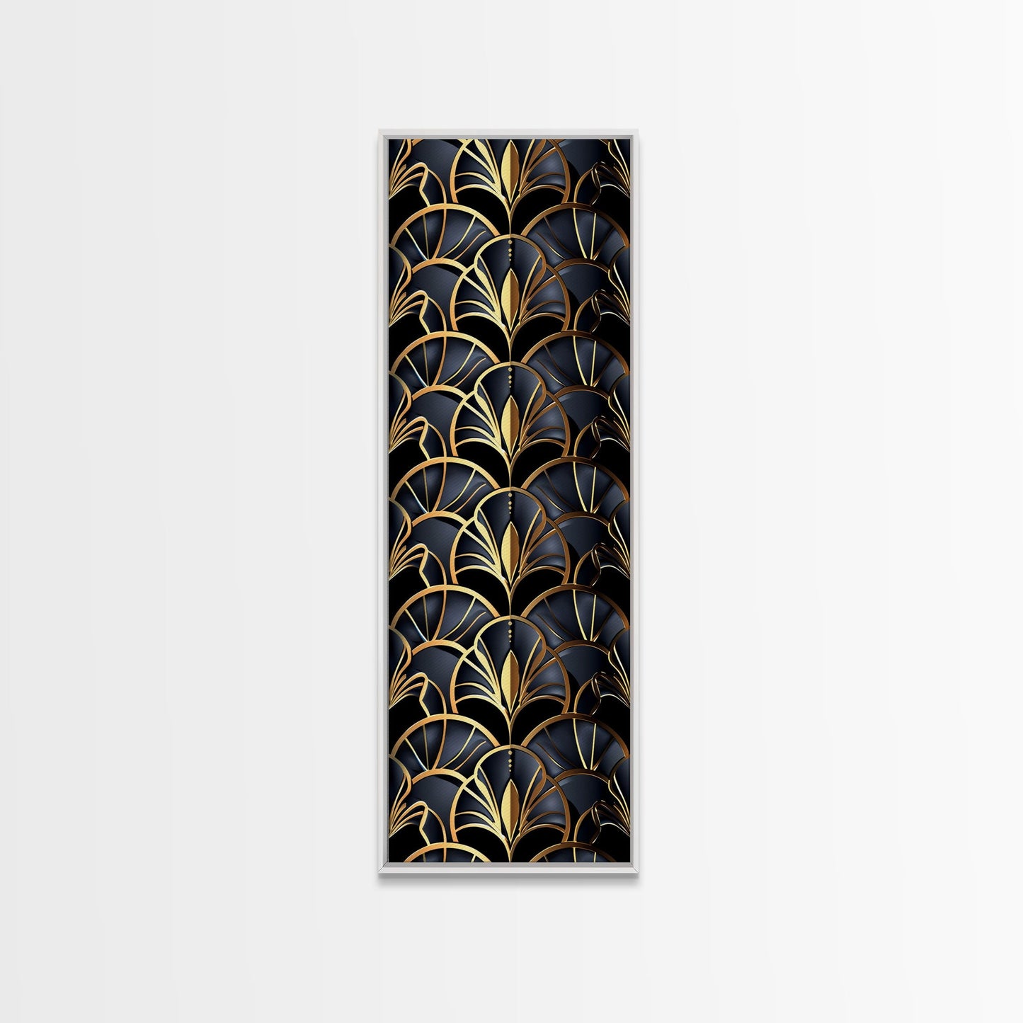 Gold Art Deco Pattern on Black Background - Framed Canvas Print, Midcentury Modern Art, Skinny Art, Tall Art, Living Room Wall Decor, Minimalist Art