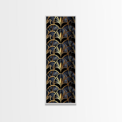 Gold Art Deco Pattern on Black Background - Framed Canvas Print, Midcentury Modern Art, Skinny Art, Tall Art, Living Room Wall Decor, Minimalist Art
