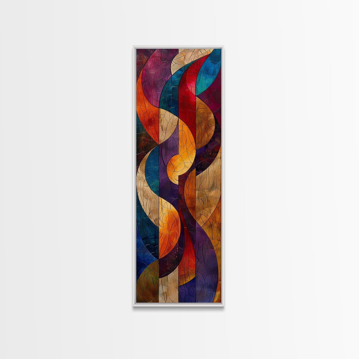 Colorful Abstract Design in Swirling Patterns - Framed Canvas Print, Midcentury Modern Art, Skinny Art, Tall Art, Living Room Wall Decor, Boho Art