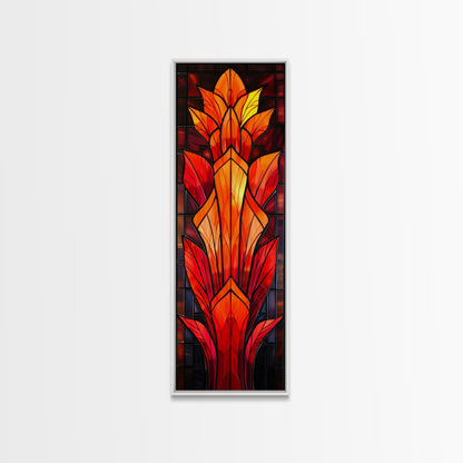 Red and Orange Floral Stained Glass Design - Framed Canvas Print, Midcentury Modern Art, Skinny Art, Tall Art, Living Room Wall Decor, Boho Art