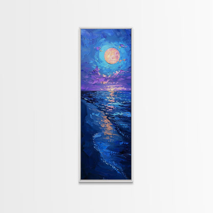 Vibrant Night Sky Over the Ocean with Full Moon, Skinny and Tall Art, Bold and Colorful Framed Canvas Print, Landscape Wall Art