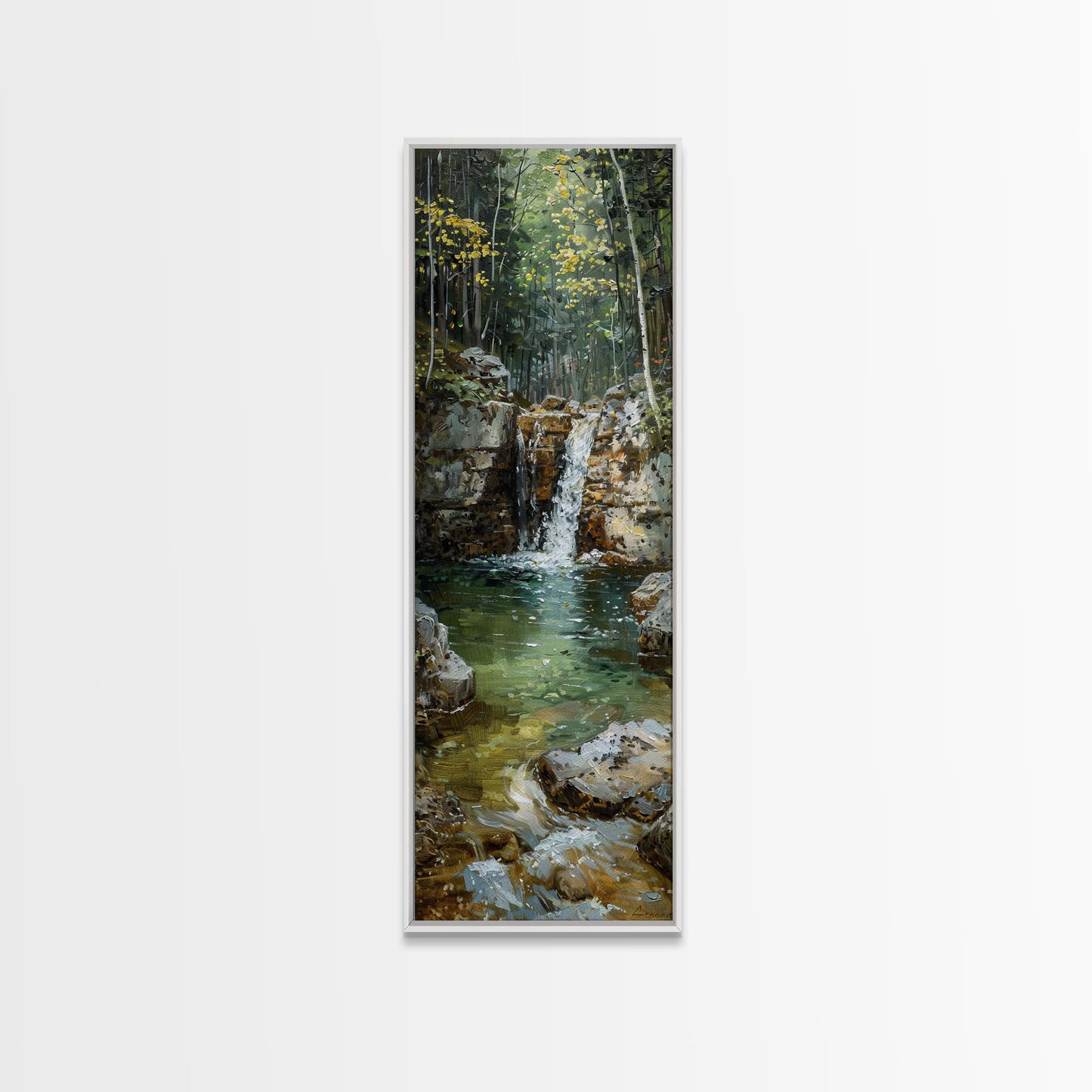 Framed Canvas Print Skinny Art of a Serene Waterfall Cascading into a Tranquil Pool in a Lush Forest Landscape, Perfect Tall Art for Nature Lovers