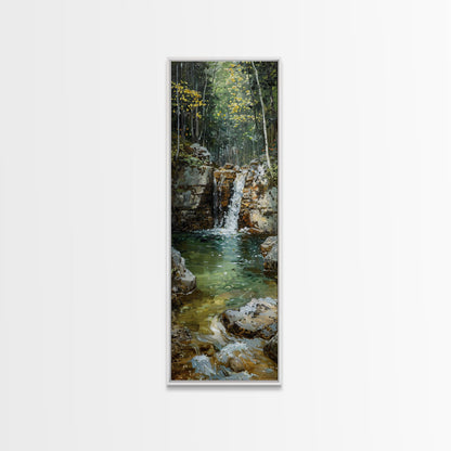 Framed Canvas Print Skinny Art of a Serene Waterfall Cascading into a Tranquil Pool in a Lush Forest Landscape, Perfect Tall Art for Nature Lovers