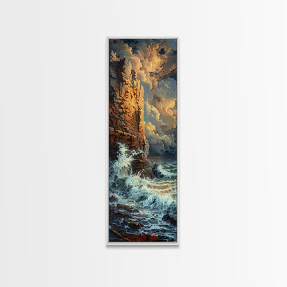 Majestic Cliffside and Crashing Waves in a Coastal Landscape on a Framed Canvas Print Tall Art Piece