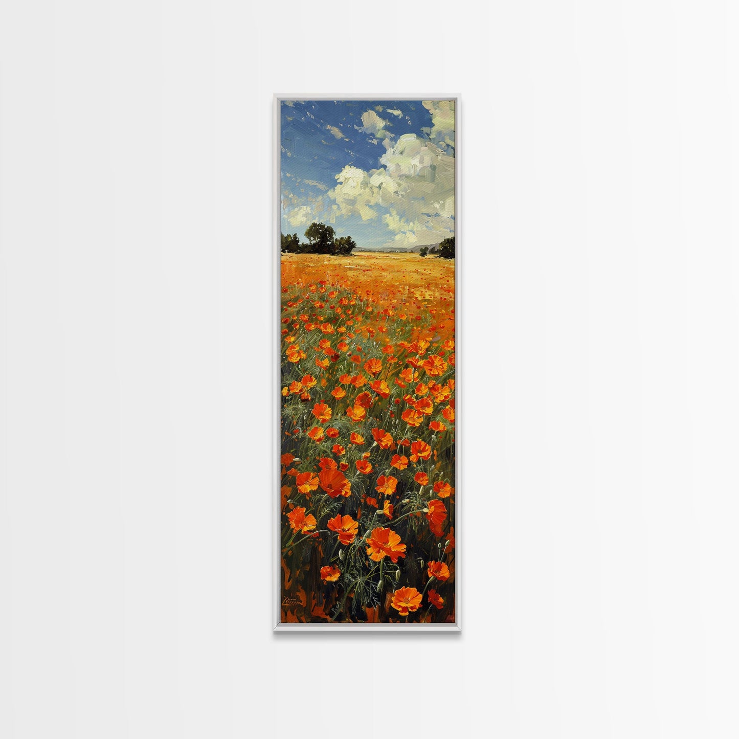 Expansive Poppy Field Under a Bright Blue Sky on a Framed Canvas Print Skinny Art Piece