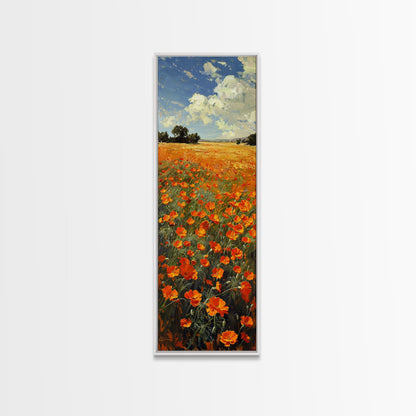 Expansive Poppy Field Under a Bright Blue Sky on a Framed Canvas Print Skinny Art Piece