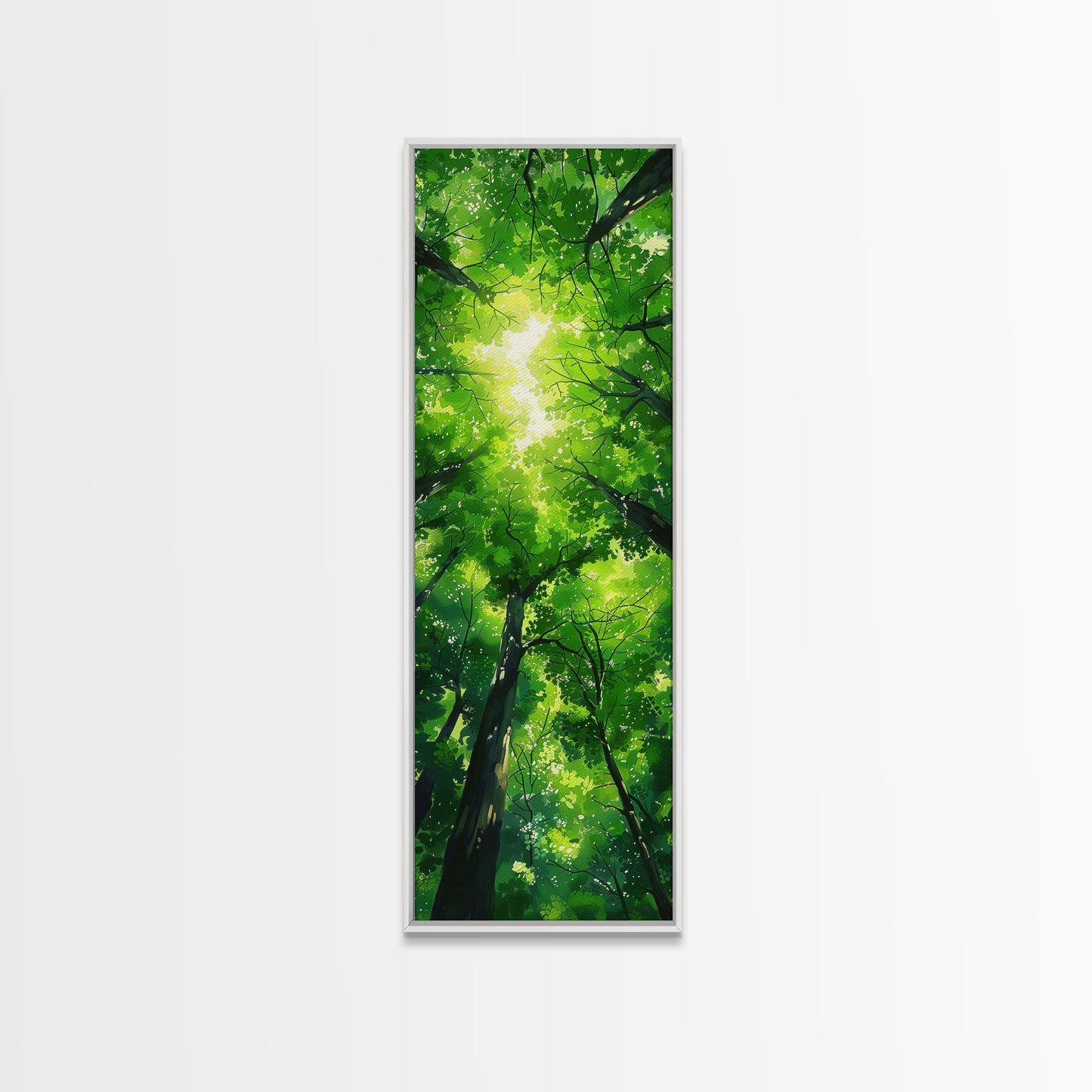 Lush Green Forest Canopy View as Tall Skinny Art Framed Canvas Print for Relaxing Wall Decor in Homes or Offices