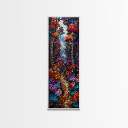 Fantasy Forest Pathway with Giant Mushrooms as Tall Skinny Art Framed Canvas Print for Whimsical Wall Decor in Unique Spaces