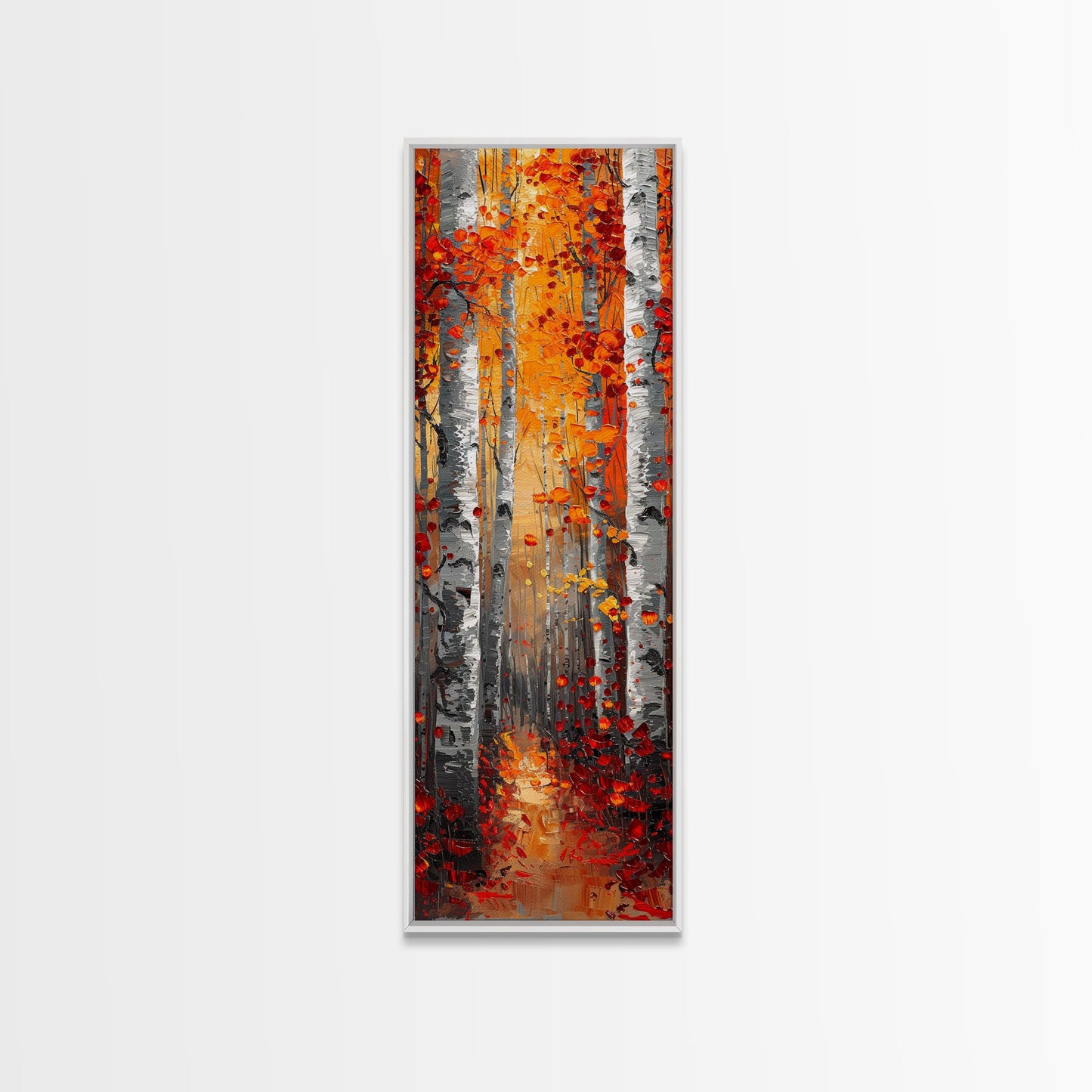 Fall Birch Tree Forest, Framed Canvas Print, Skinny / Tall Wall Art, Living Room Decor, Landscape Painting, Nature Decor