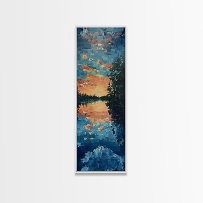 Reflective Sunset Over Calm Waters, Minimalist Farmhouse Art For Rustic Decor, Boho Style Wall Art In Tall Canvas Print