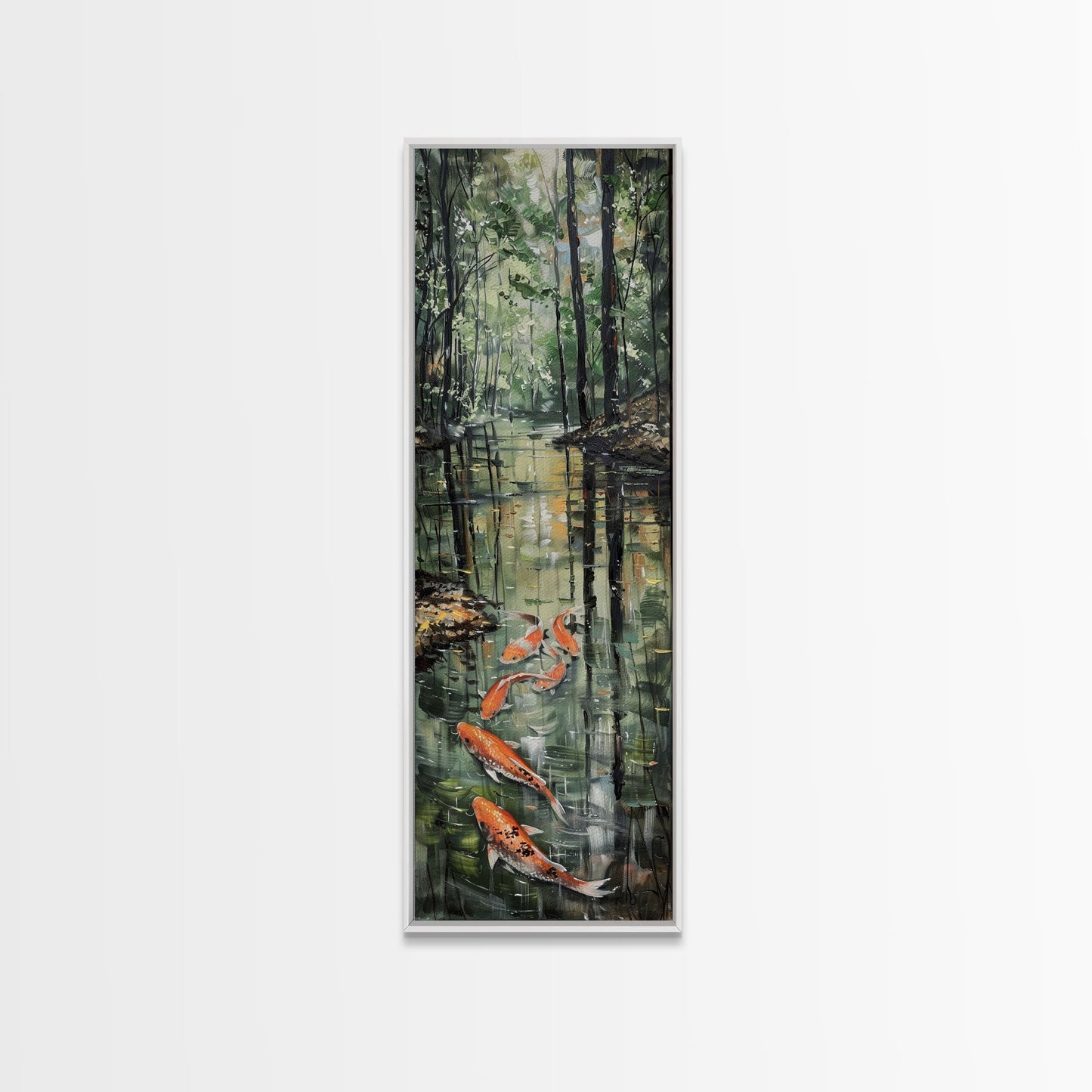 Elegant Koi Fish Swimming Serene Water Garden Nature Art Framed Canvas Print Tall Art Japanese Style Art