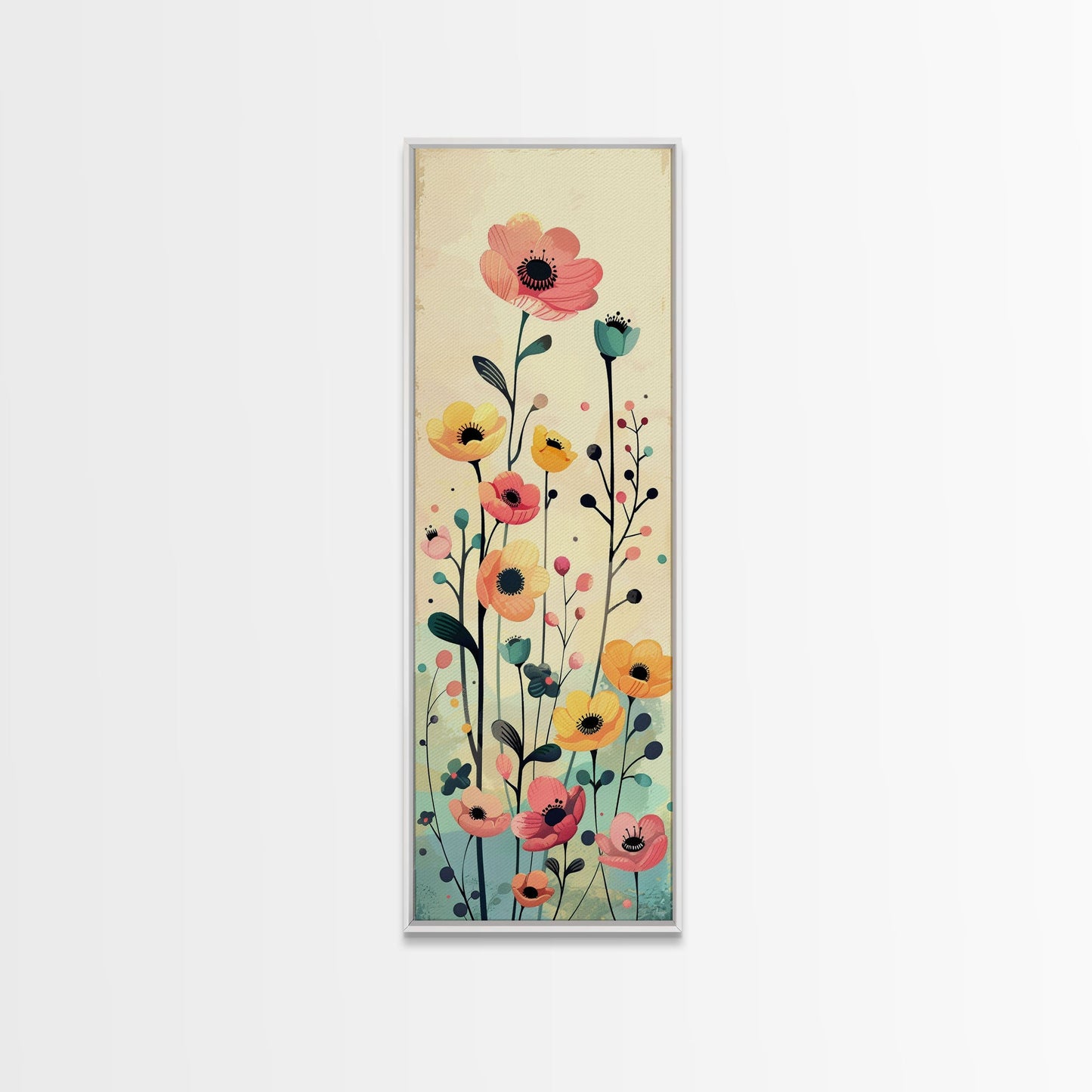 Bright Field of Wildflowers Skinny Art Tall Art Japanese Ukiyo-e Inspired Floral Print Framed Canvas Wall Art