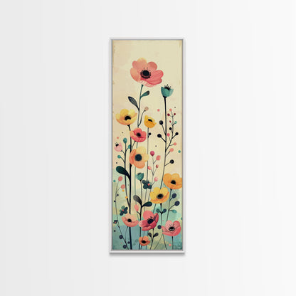 Bright Field of Wildflowers Skinny Art Tall Art Japanese Ukiyo-e Inspired Floral Print Framed Canvas Wall Art