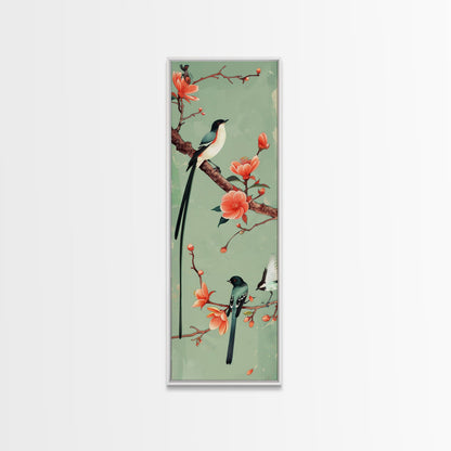 Elegant Birds on Branches Skinny Art Tall Art Japanese Ukiyo-e Inspired Bird and Nature Framed Canvas Print