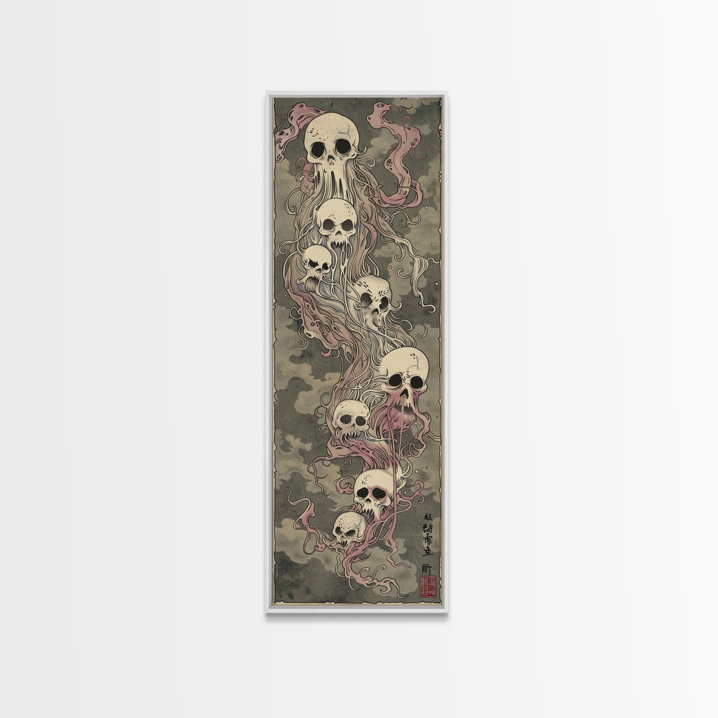 Hauntingly Beautiful Floating Skulls on Tall Vertical Canvas Print Featuring Japanese Ghostly Art in Eerie Style