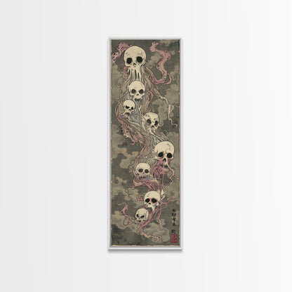 Hauntingly Beautiful Floating Skulls on Tall Vertical Canvas Print Featuring Japanese Ghostly Art in Eerie Style
