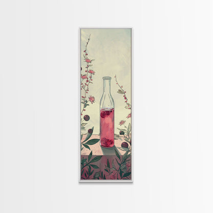 Skinny Art of Still Life with Elegant Glass Bottle and Floral Accents – Japanese-Inspired Framed Canvas Print