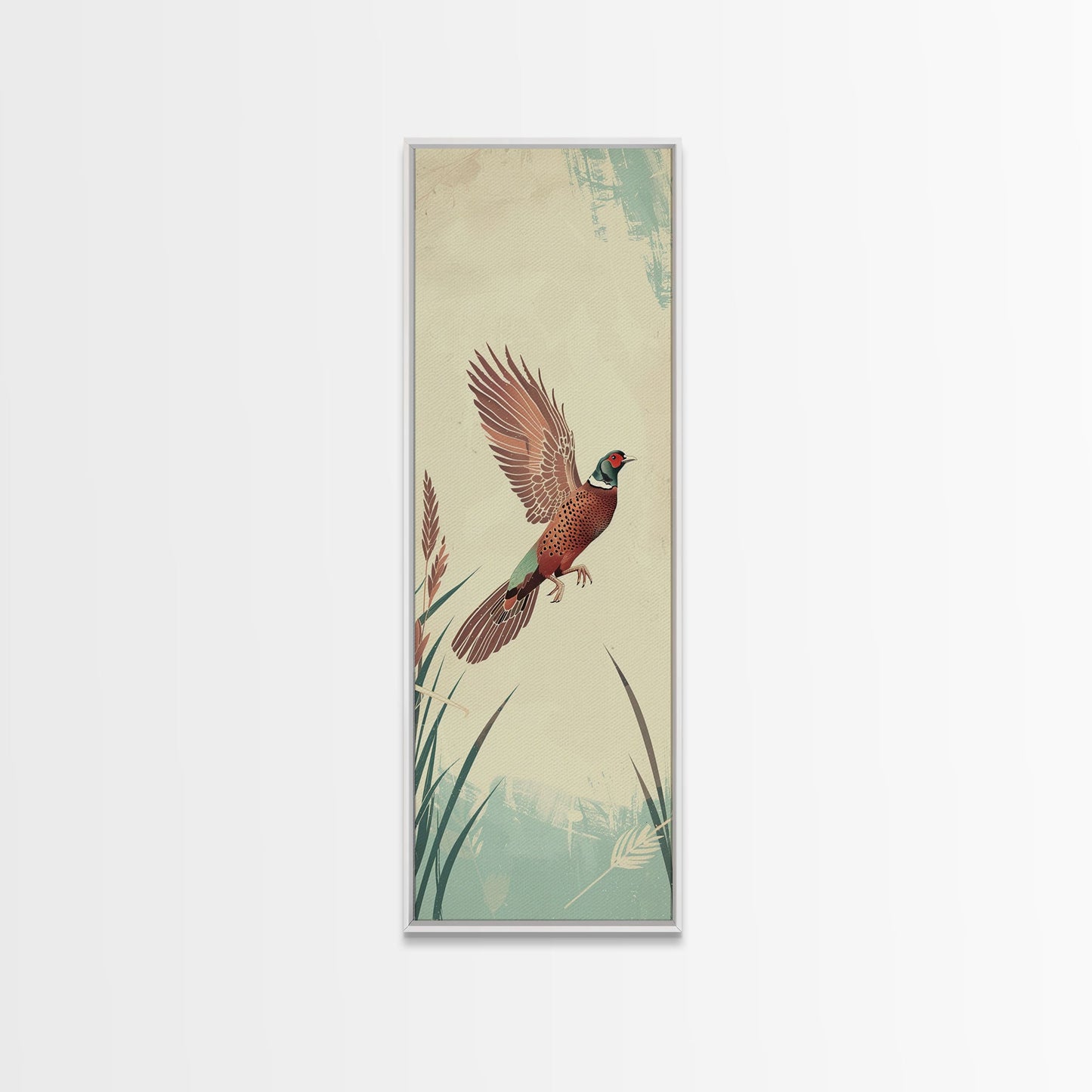 Japanese Skinny Art of Pheasant in Flight with Graceful Wings and Earthy Tones – Framed Canvas Print