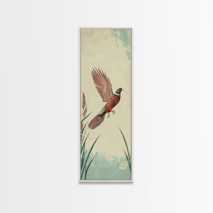 Japanese Skinny Art of Pheasant in Flight with Graceful Wings and Earthy Tones – Framed Canvas Print