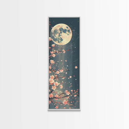 Full Moon with Cherry Blossom Ukiyo-e Art, Framed Canvas Print Perfect for Skinny and Tall Spaces, Japanese Style Art