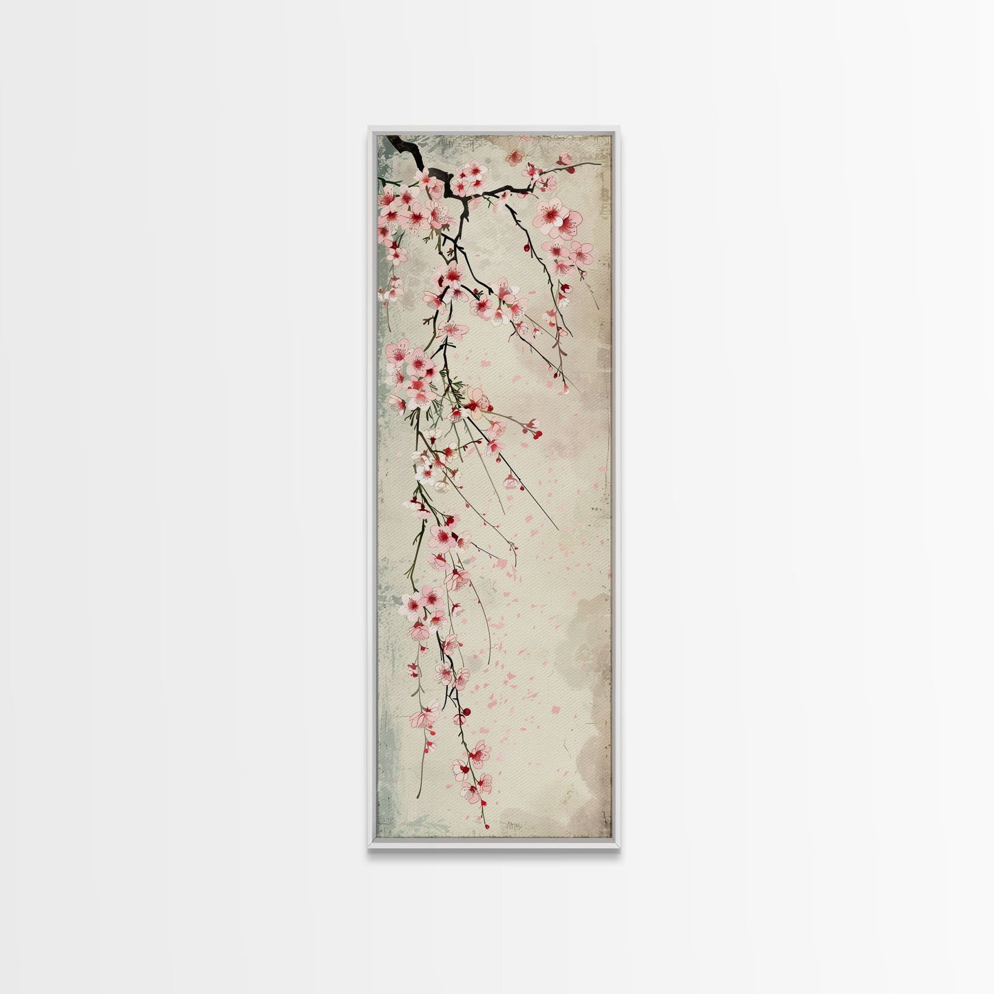 Cherry Blossoms, Full Bloom, Japanese Art, Skinny Art, Tall Art, Framed Canvas Print, Ukiyo-e Style