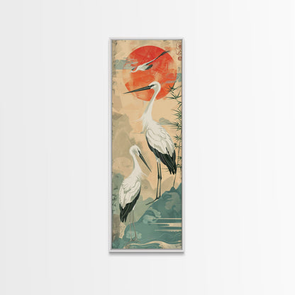 Tall Japanese Cranes Under a Vibrant Red Sun Ukiyo-e Art Skinny Framed Canvas Print Traditional Japanese Nature Scene