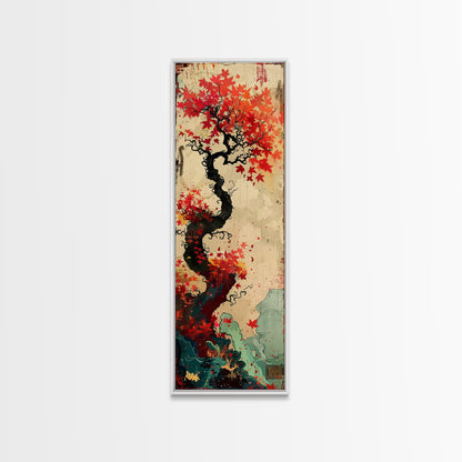 Twisted Tree with Red Maple Leaves Skinny Art Ukiyo-e Japanese Framed Canvas Print in Autumn Colors