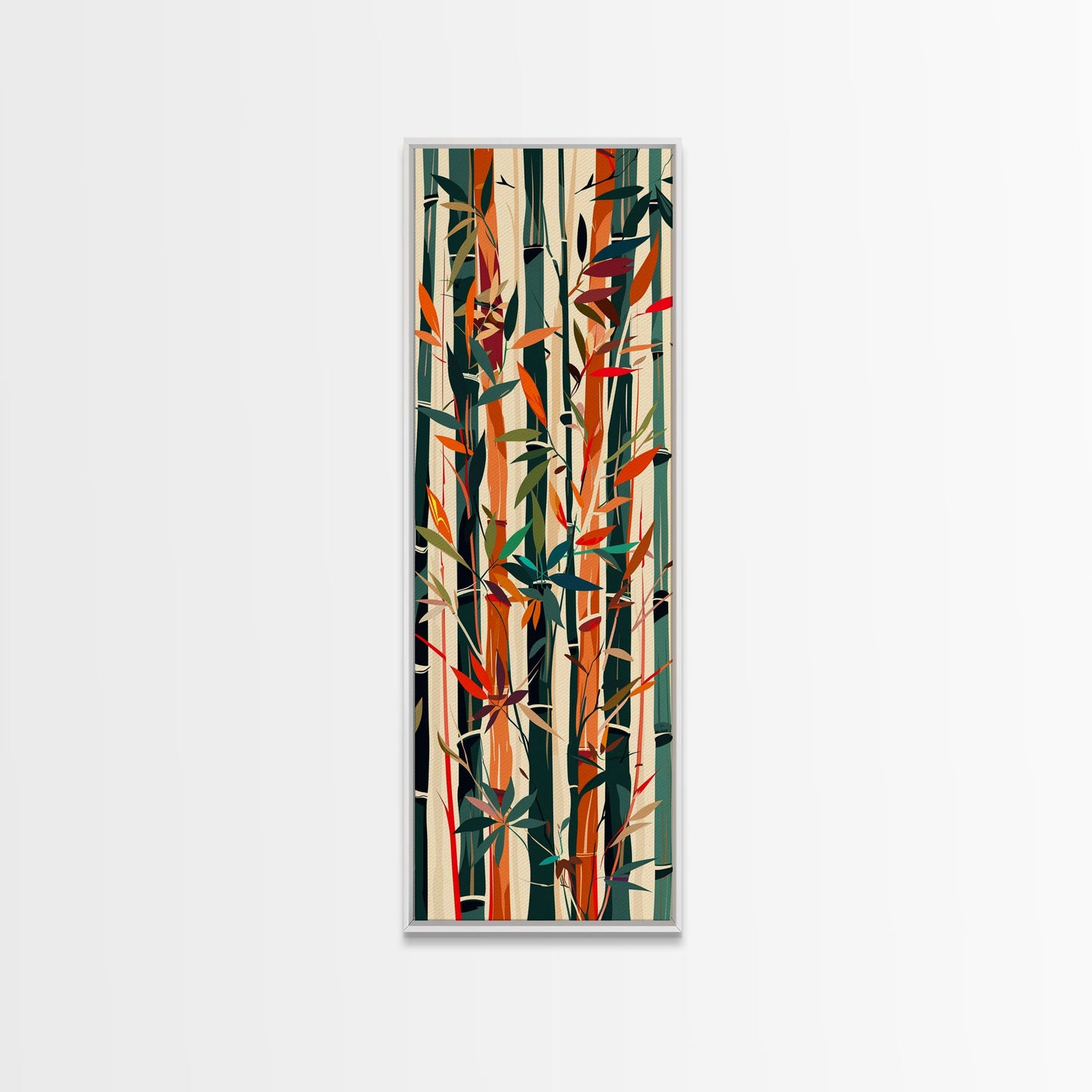 Colorful Bamboo Forest Skinny Art Ukiyo-e Tall Framed Canvas Print in Bright Autumn Hues