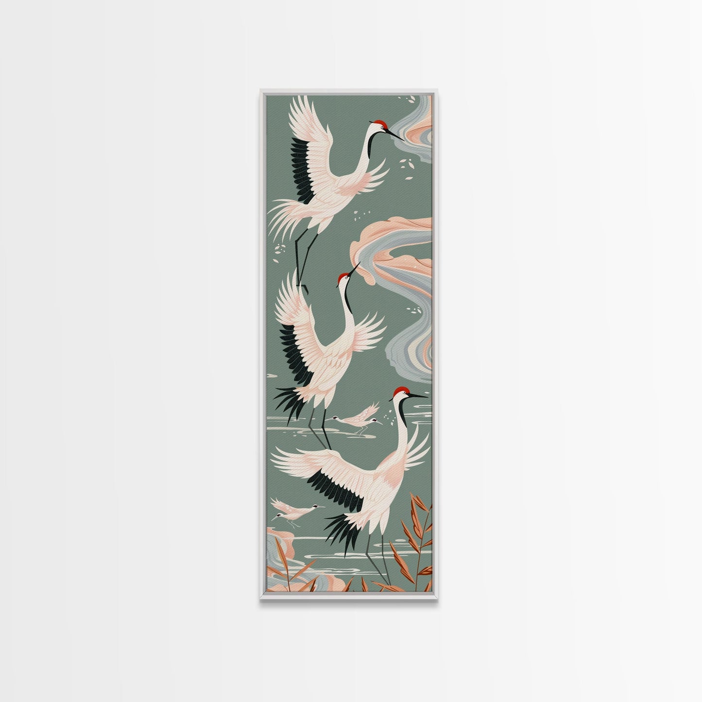 Cranes In Flight Framed Canvas Print, Traditional Japanese Art With Soft Colors And Detailed Wings, Wall Art Ready To Hang