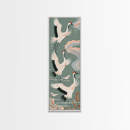 Cranes In Flight Framed Canvas Print, Traditional Japanese Art With Soft Colors And Detailed Wings, Wall Art Ready To Hang