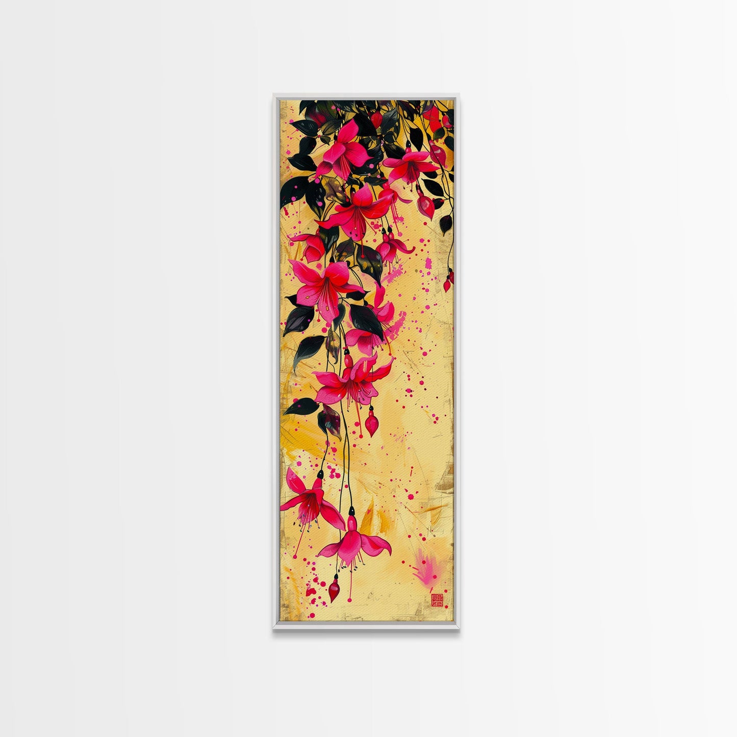 Skinny Art Tall Art Framed Canvas Print Bold Fuchsia Flowers In Dynamic Composition Over A Vibrant Yellow Background Ukiyo-e Japanese Style Art