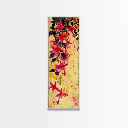 Skinny Art Tall Art Framed Canvas Print Bold Fuchsia Flowers In Dynamic Composition Over A Vibrant Yellow Background Ukiyo-e Japanese Style Art